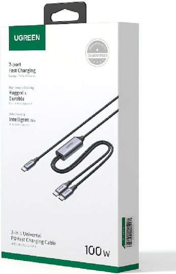 Ugreen Power Data Кабел "us561" Бързо Зареждане Usb Type-c Към 2 X Usb Type-c Макс 100w Плетен 1.5m Сив