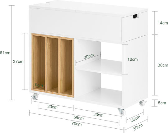Rectangular Side Table Wooden with Wheels White L70xW30xH61cm.