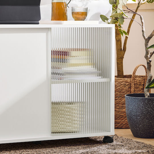 Rectangular Side Table Glass with Wheels White L75xW35xH61cm.