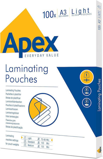 Fellowes Apex Light Duty Laminating Sheets Glossy A3 80 Microns 100 Pieces
