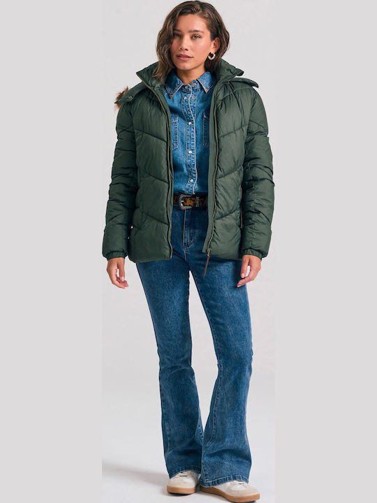 Women's Long Puffer Jacket for Winter with Hood Dark Green