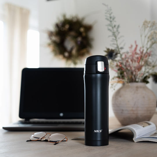 Nils Glass Thermos Stainless Steel 430ml Black with Straw and Handle