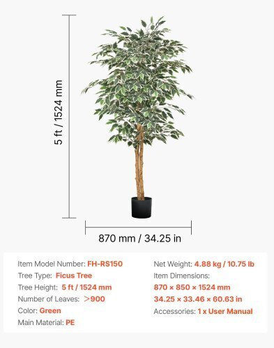 Vevor Künstlicher Ficus Baum 150cm Topfpflanze Innendekoration Rzs5ftrsslx05ve6p001v0