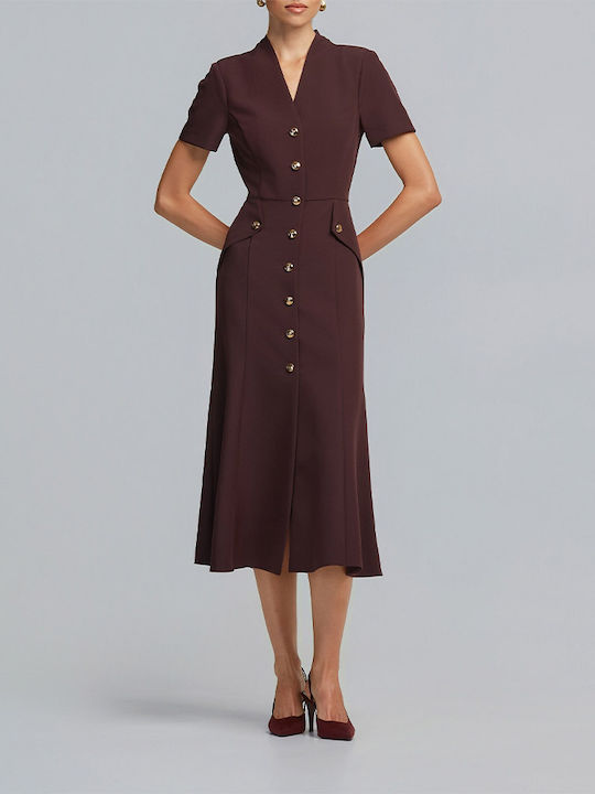 Rochie-Cămașă Midi Mâneca Scurtă Cireș Închis