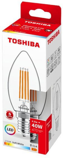 Toshiba LED Bulb 4.5W for Socket E14 and Shape C35 Warm White