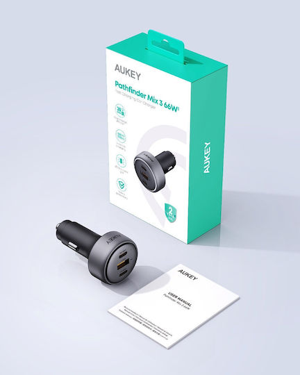 Aukey Cc-p1 Auto-Ladegerät 66W 3A Schnellladung mit Anschlüssen: 1xUSB 2xType-C