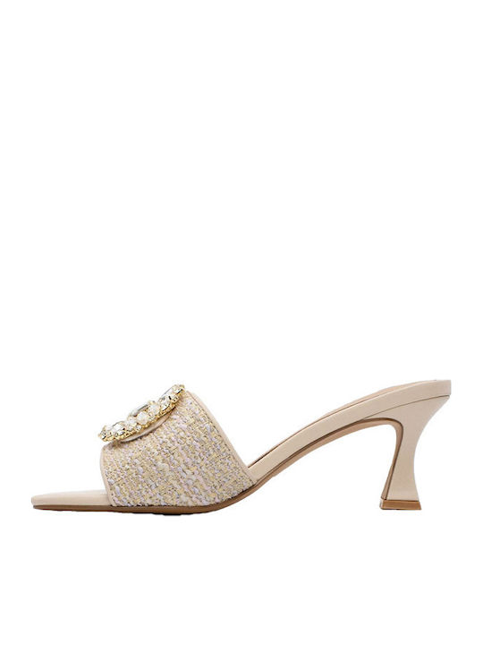 Mules with Thin High Heel in Beige Color