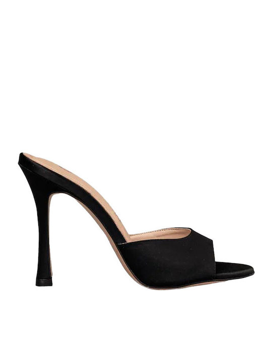 Satin Mules with Thin High Heel in Black Color