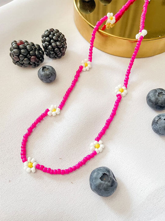 Дамска Огърлица Фуксия Бисери Дизайн Маргаритки Awear Matilde Fuchsia