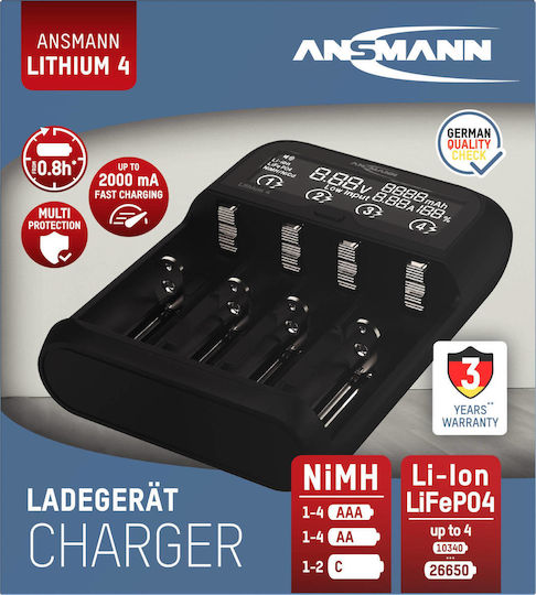 Ansmann Φορτιστής 4 Μπαταριών Li-ion/Ni-Cd/Ni-MH Μεγέθους AA/AAA/18650/21700/16340/26650/14500