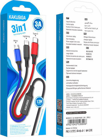 Kakusiga Geflochten USB zu Blitzschlag / Typ-C,TC-TC / Micro-USB Kabel Schwarz 1m (KSC-804/BLACK)