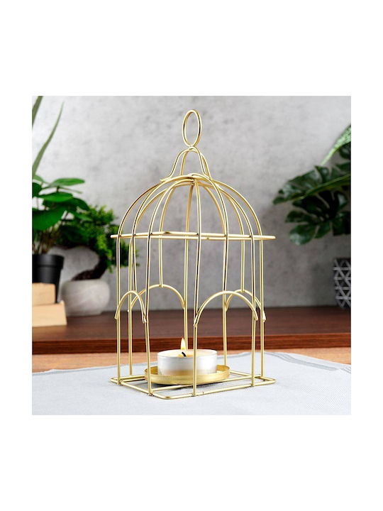 Home Styling Collection Φανάρι Κηροπήγιο Κερί Tealight Μεταλλικό Χρυσό Κλουβί Πουλιά