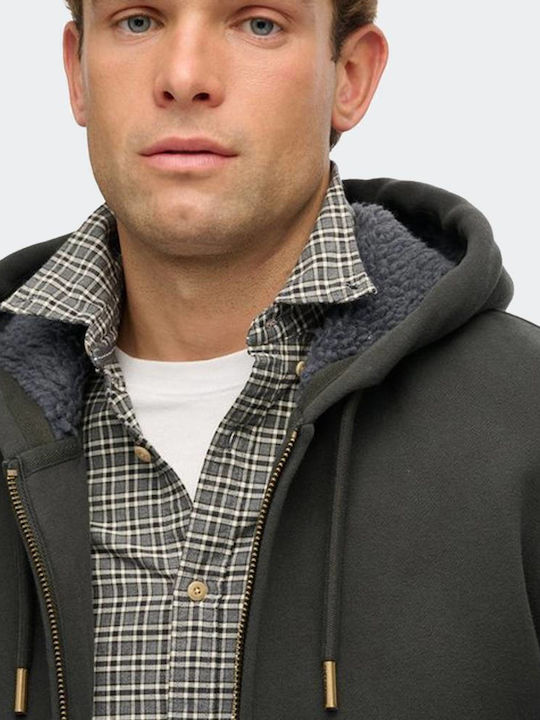 D2 Ovin Borg Lined Sweatshirt with Hood Khaki
