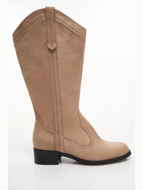 Happy Sizes Medium Heel Cowboy Boots with Zipper Rubber Beige