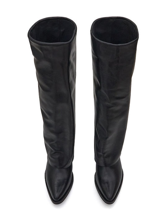 Leder Damenstiefel mit hohem Absatz Schwarz