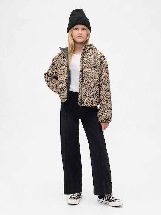 Waterproof Kids' Quilted Jacket Long with Hood Leopard