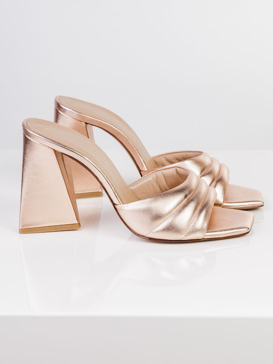 Leather Mules with Heel in Gold Color