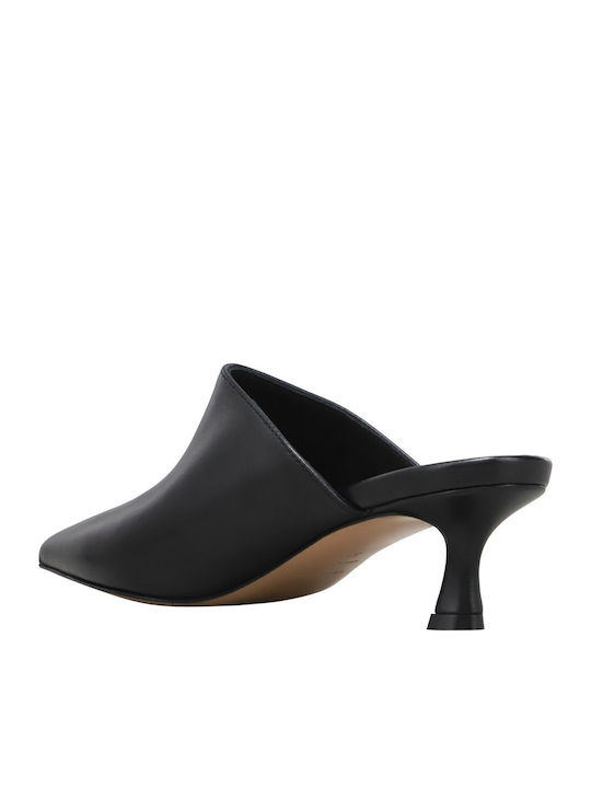Leather Mules with Low Heel in Black Color