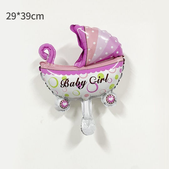 Baloane Folie Metalică Flippy Mini Figurină Cărucior Bebeluş Tematică Revelarea Genului 39x29 Cm Ambalaj Individual Paie Inclus Umflare Aer Heliu Roz