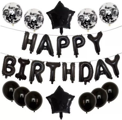 Set 25 Baloane Metalice Folie Latex Flippy 2 Figuri Stea 4 Baloane Confetti 13 Litere 6 Latex Design Happy Birthday Tematică Aniversări 40 Cm Ambalaj Individual Inclus Pai Umflare Aer Heliu Negru