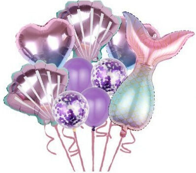 Set Baloane Aniversare Fete Set 9 Baloane Flippy Tematică Sirenă 5 Baloane Folie 4 Baloane Latex Inimi Violet Metalizat