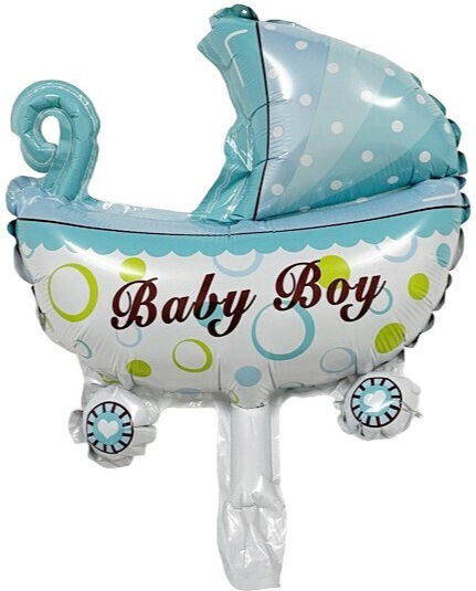 Baloane Metalizate Folie Flippy Mini Figurină Cărucior Bebeluş Tematică Revelarea Genului 39x29 Cm Ambalaj Individual Pai Inclus Umflare Aer Heliu Albastru