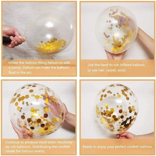 Set 16 Baloane Latex Flippy Party Model 30 Cm Alb Auriu Transparent Confetti 2.8 G