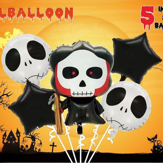 Set 5 Baloane Metalice Folie Figuri Flippy Tematică Halloween Cu Pai Inclus Ambalaj Individual Umflare Aer Heliu Figură Craniu 50,5x74 Cm Stele Cercuri 45 Cm Negru Alb