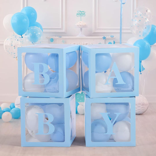 Set 4 Cutii Baloane Flippy Baby Script Design Tematică Dragoste Cuburi Decorative Din Plastic Accesorii Petrecere 30 X 30 Cm Transparent Contur Albastru