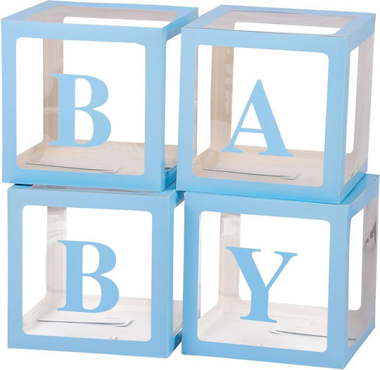 Set 4 Cutii Baloane Flippy Baby Script Design Tematică Dragoste Cuburi Decorative Din Plastic Accesorii Petrecere 30 X 30 Cm Transparent Contur Albastru