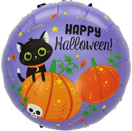 Set 5 Baloane Metalice Folie Figuri Flippy Tematică Halloween Include Pai Ambalaj Individual Umflare Aer Heliu Figurina Dovleac Pisică 84x69 Cm Stele Cercuri 45 Cm Multicolor