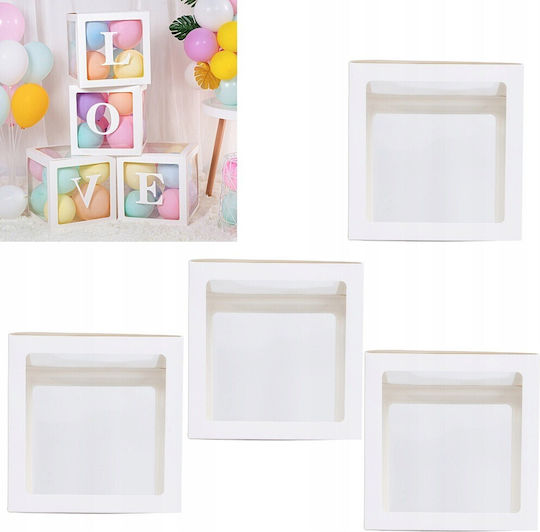 Set 4 Cutii Baloane Flippy Model Simplu Tematică Aniversări Cuburi Decorative Din Plastic Accesorii Petrecere 30 X 30 Cm Transparent Contur Alb