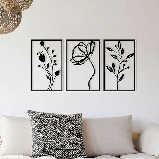 Wallity Decorative Silhouette Flowers Black Metal 78x39cm 3 Pieces