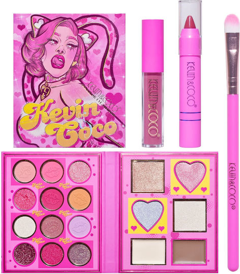 Set 4 Produse de Machiaj Kevin Coco Roz Loving-heart Leopard Girl 18 Culori 20.5 X 18.2 X 2.2 Cm