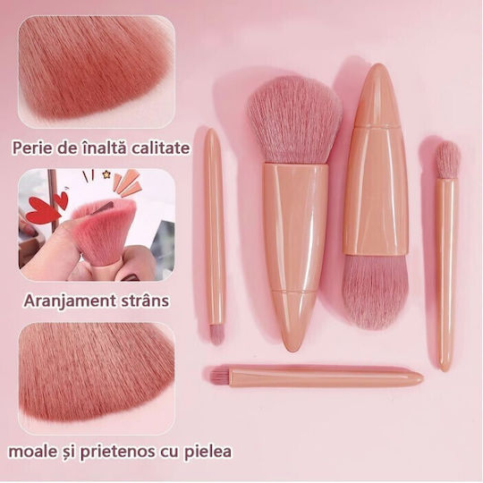 Set 5 Mini Pensule Machiaj Flippy Portabile Într-o Cutie Oglindă Realizate Din Păr Sintetic Moale Roz Pastel 12x7x2.5 Cm