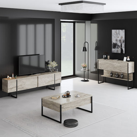 Κονσόλα Luxe 618bly1410 120x30x80cm Travertine Beige-black Μοριοσανίδα Μέταλλο