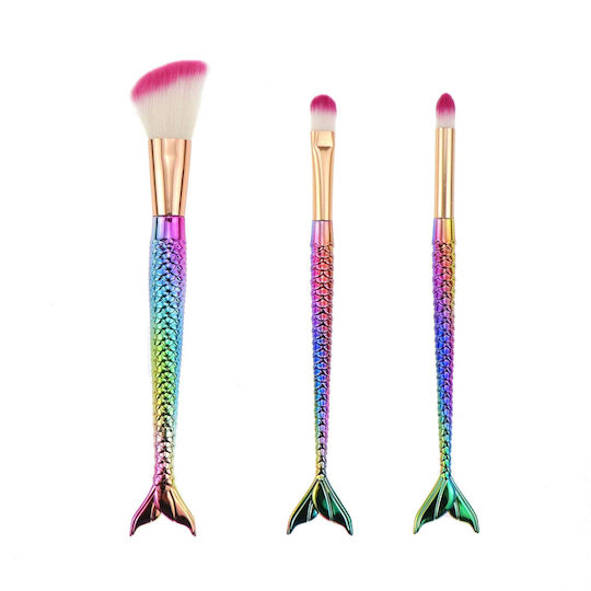 Flippy Set De 3 Pensule Pentru Machiaj În Formă De Sirenă Detalii Fine Electroplacate Mâner Ergonomic Perii Moi Din Fibre Multicolore