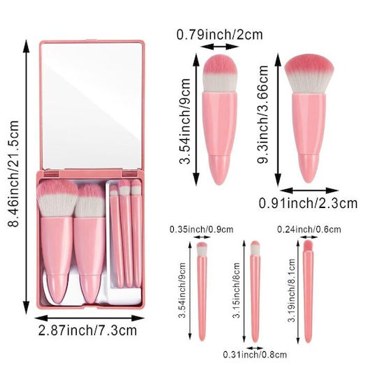 Set 5 Mini Pensule De Machiaj Flippy Portabile În Cutie Oglindă Păr Sintetic Moale Roz 12x7x2.5 Cm