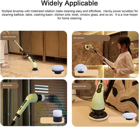 Perie Electrică de Curățare Flippy Tiles Baie Bucătărie 25x20x9,5 Cm 9 Capete Detașabile Mâner Telescopic 84-127cm Încărcare Usb-tip C Rotire 360 Grade 3000 mAh Culoare Verde