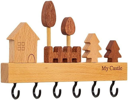 Wall Key Box Wooden 6 Hooks 14.5x2x22.5cm