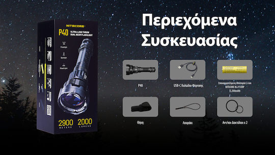 NiteCore Rechargeable Flashlight LED IP68 with Maximum Brightness 2000lm Precise P40 Black