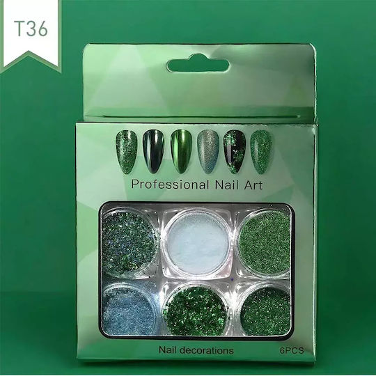 Vicky Nail Dekopulver Glitter Nageldesign Grüne 6 Stück x 0,8 g & 6 doppelte Pinsel Anwendung