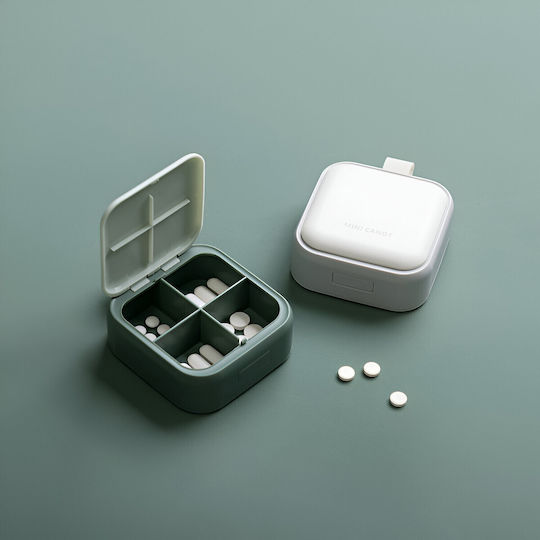 Cutie Mini Pentru Depozitarea Medicamentelor Flippy 4 Compartimente Închidere Etanșă Portabilă Pătrată Verde Pp 7.5x7.5x3 Cm