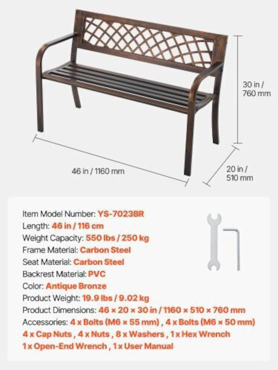 Vevor Outdoor-Sitzbank Gartenbank 116 Cm Metallrahmen PVC Mesh Rückenlehne Veranda