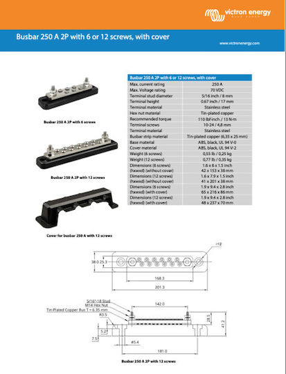 Victron Energy Busbar 250A 2P cu 6 poziții + capac VBB125020620 1buc