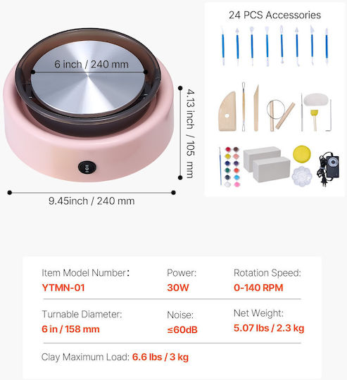 Vevor Mini Pottery Wheel Electric Clay Wheel Kids 158 Mm Turntable Pink