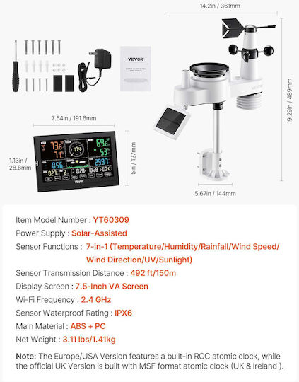 Vevor 7-in-1 Wireless Weather Station Indoor Outdoor Sensor 7.5 In Display