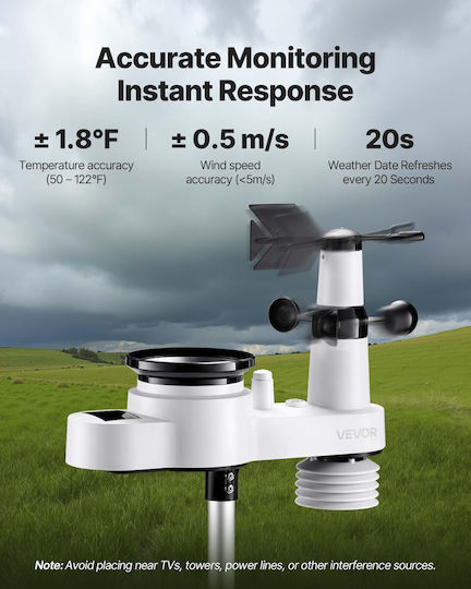 Vevor 5-in-1 Wireless Weather Station Indoor Outdoor Sensor 7.5 In Display