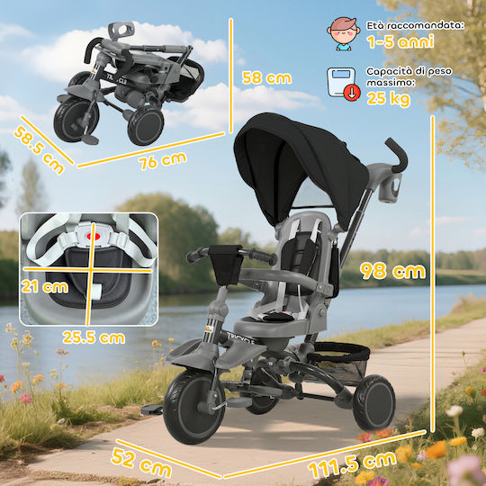 Aiyaplay Kids Tricycle Foldable Convertible with Parental Handle and Sunshade for 1-5 Years Black