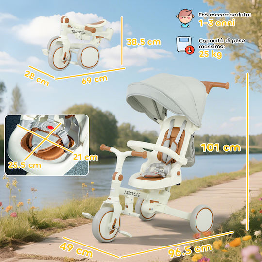 Aiyaplay Foldable and Convertible 5 in 1 Kids Tricycle for 1-3 Years White Cream